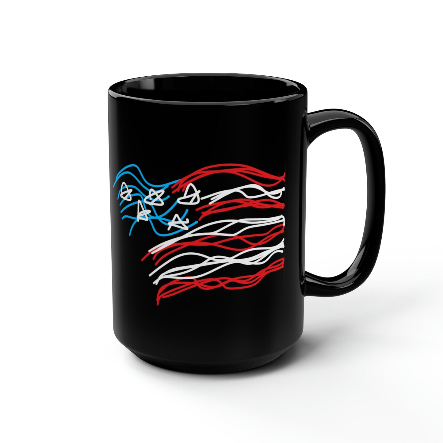 July 4th- Fireworks/Old Glory- Black Mug, 15oz- Large