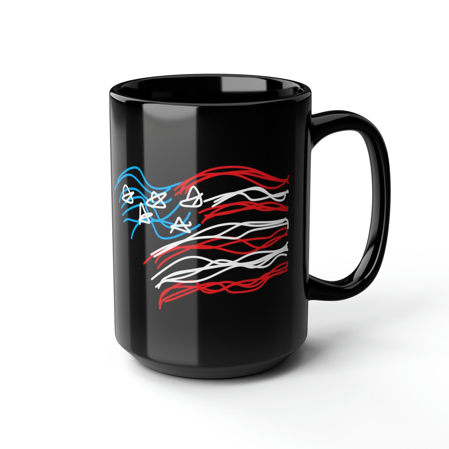 July 4th- Fireworks/Old Glory- Black Mug, 15oz- Large