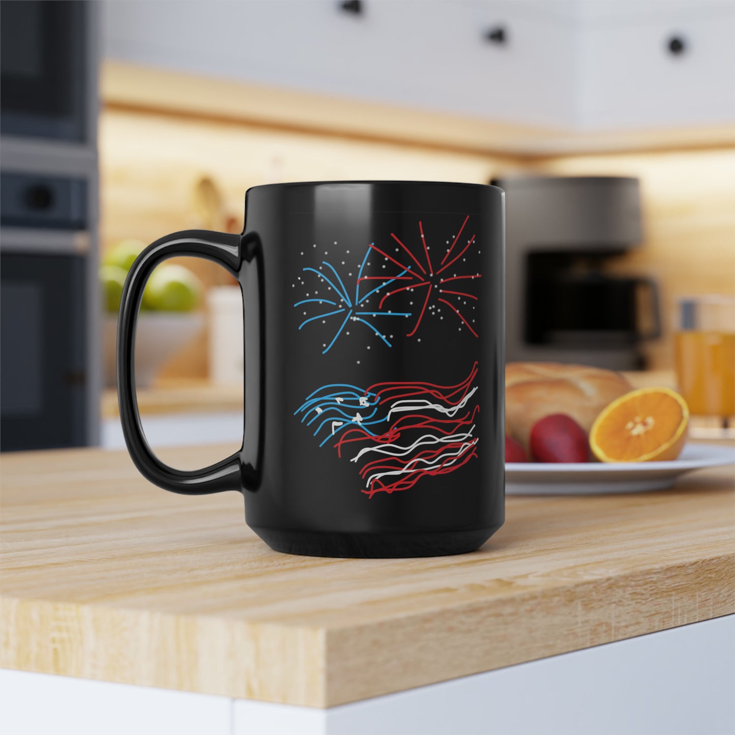 July 4th- Fireworks/Old Glory- Black Mug, 15oz- Large