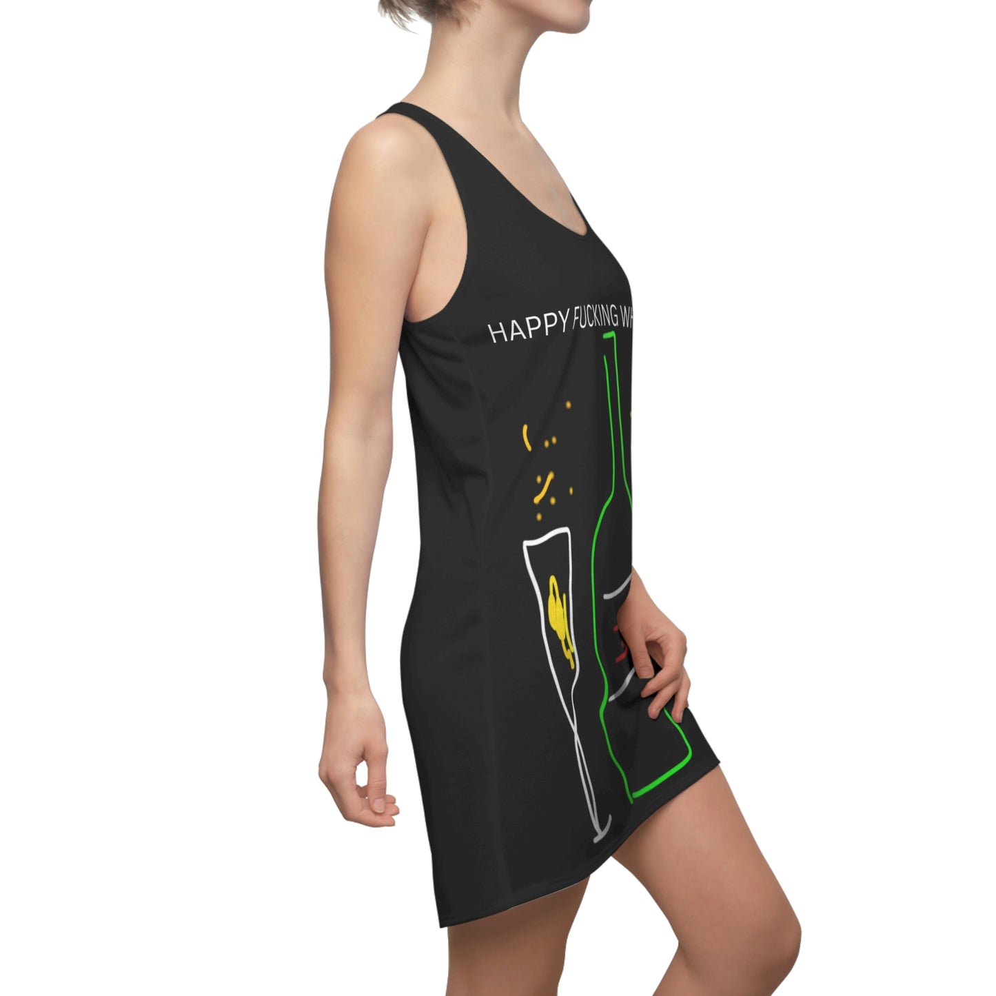 Champagne- Women's Cut & Sew Racerback Dress (AOP)- Black