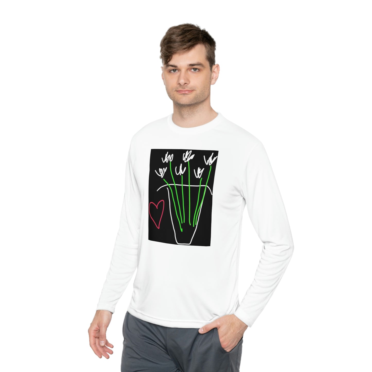 Vase, White Flowers- Unisex Lightweight Long Sleeve Tee- Adult