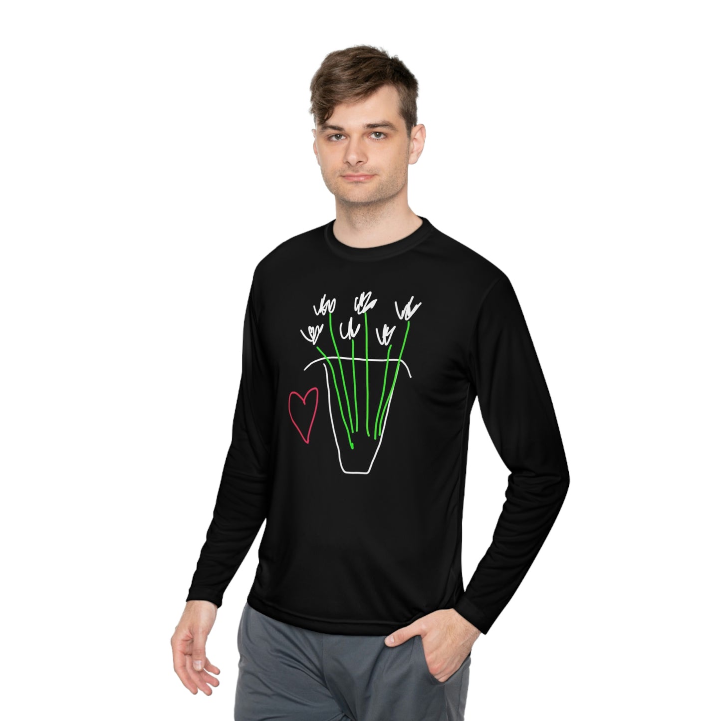 Vase, White Flowers- Unisex Lightweight Long Sleeve Tee- Adult