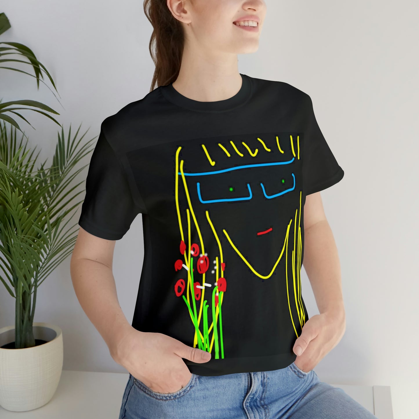 Blonde Babe with Red Flowers- Unisex Jersey Short Sleeve Tee