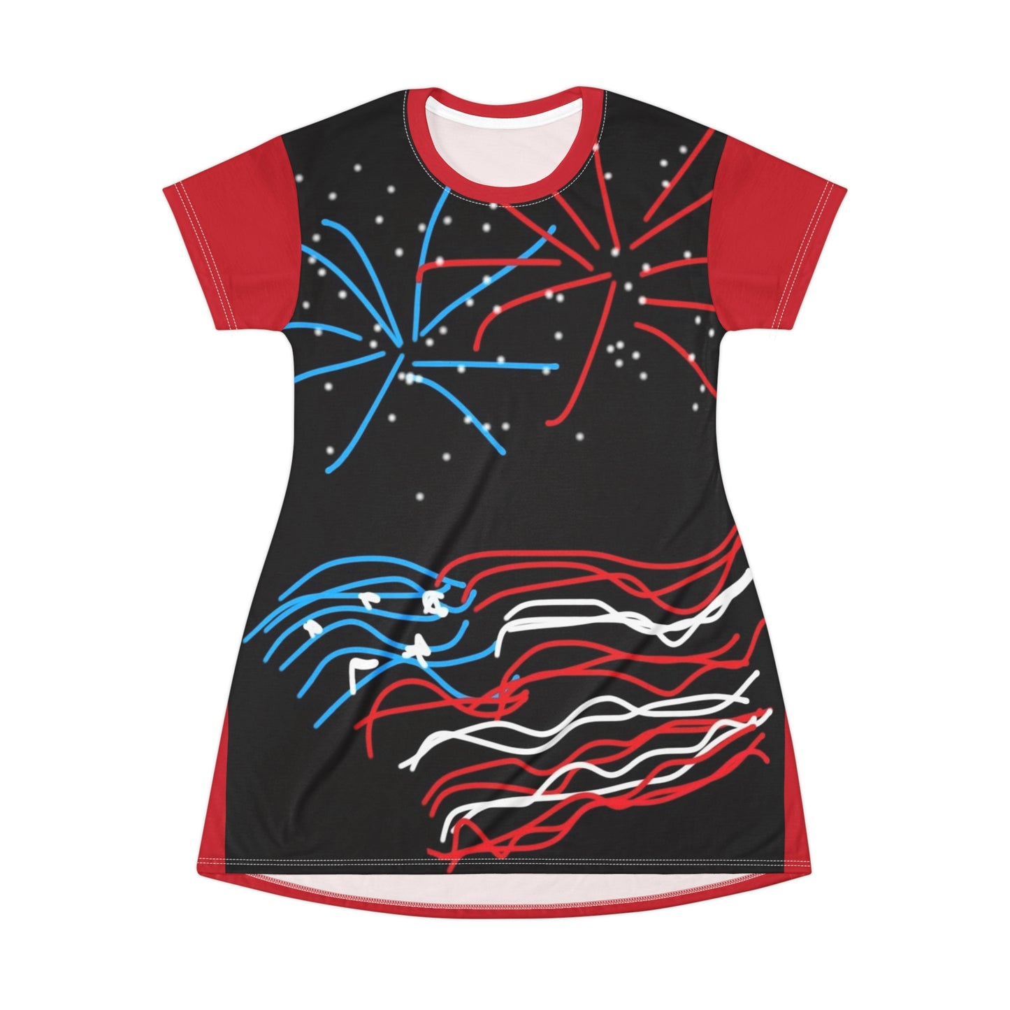 July 4th- Fireworks- T-Shirt Dress (AOP)- Black and Red