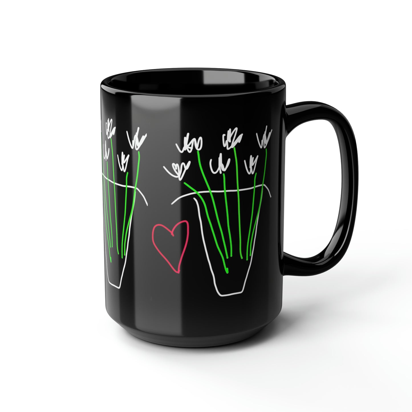 Vase, White Flowers- Black Mug, 15oz- Large