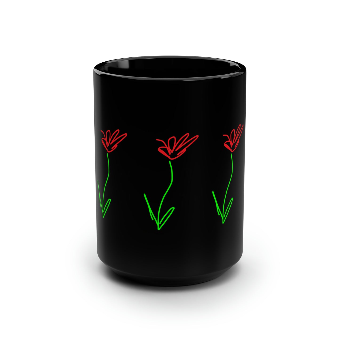 Red Flower- Black Mug, 15oz- Large