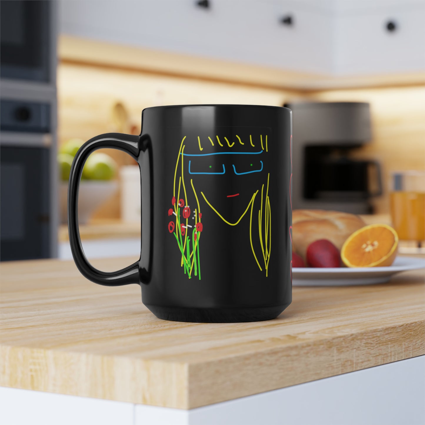 Blonde Babe with Red Flowers/Million Hearts- Black Mug, 15oz