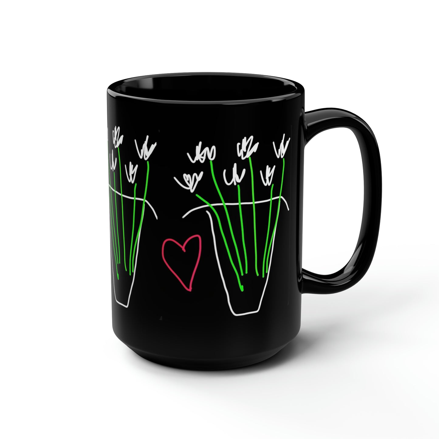 Vase, White Flowers- Black Mug, 15oz- Large