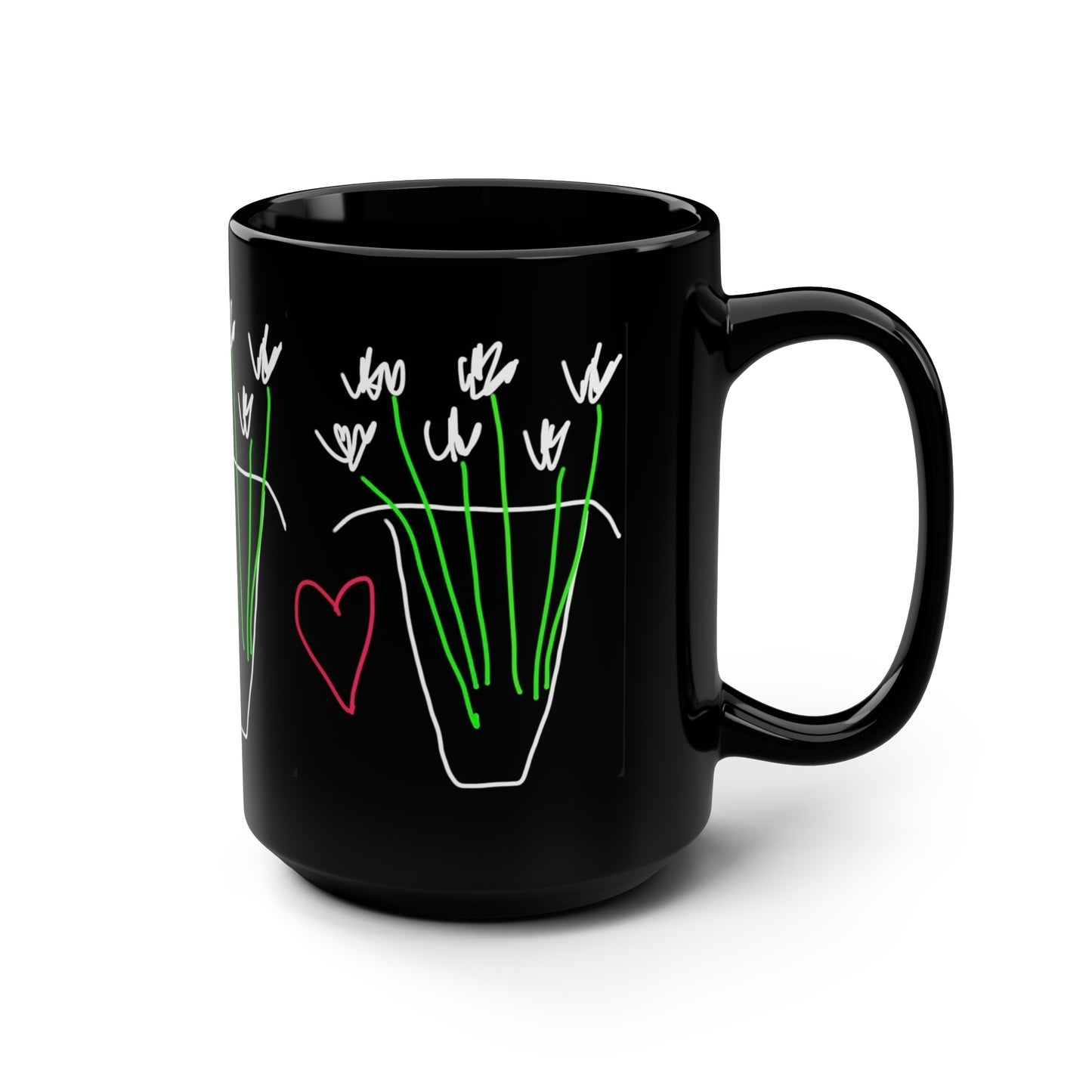 Vase, White Flowers- Black Mug, 15oz- Large