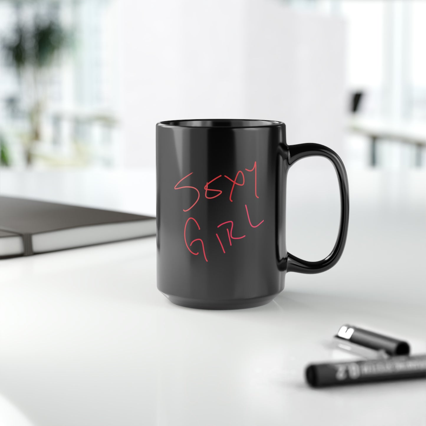 Blonde Babe With Red Flowers/Sexy Girl- Black Mug, 15oz- Large