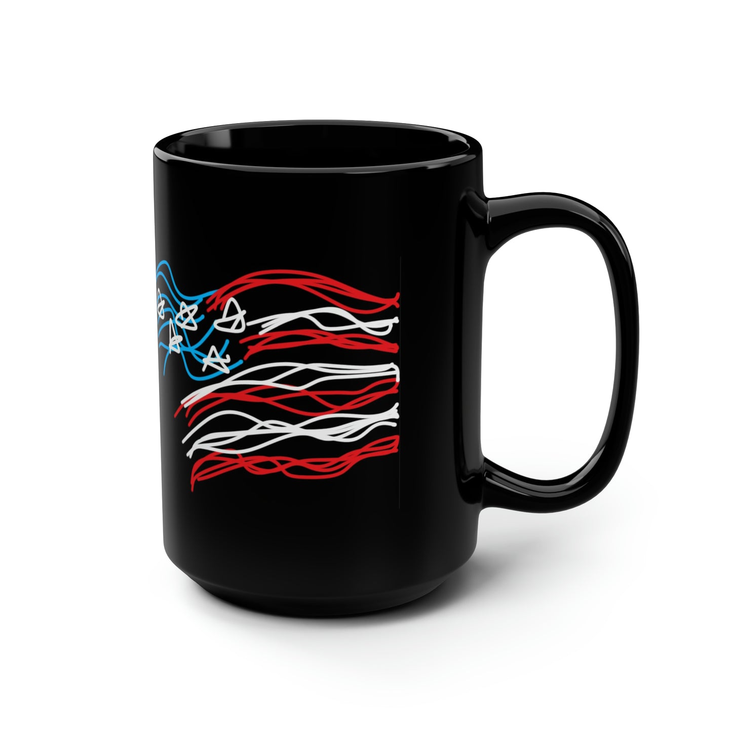 July 4th- Fireworks/Old Glory- Black Mug, 15oz- Large
