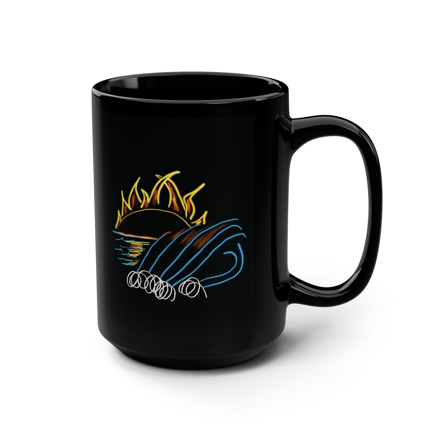 Surfer Girl/Sunrise- Black Mug, 15oz- Large