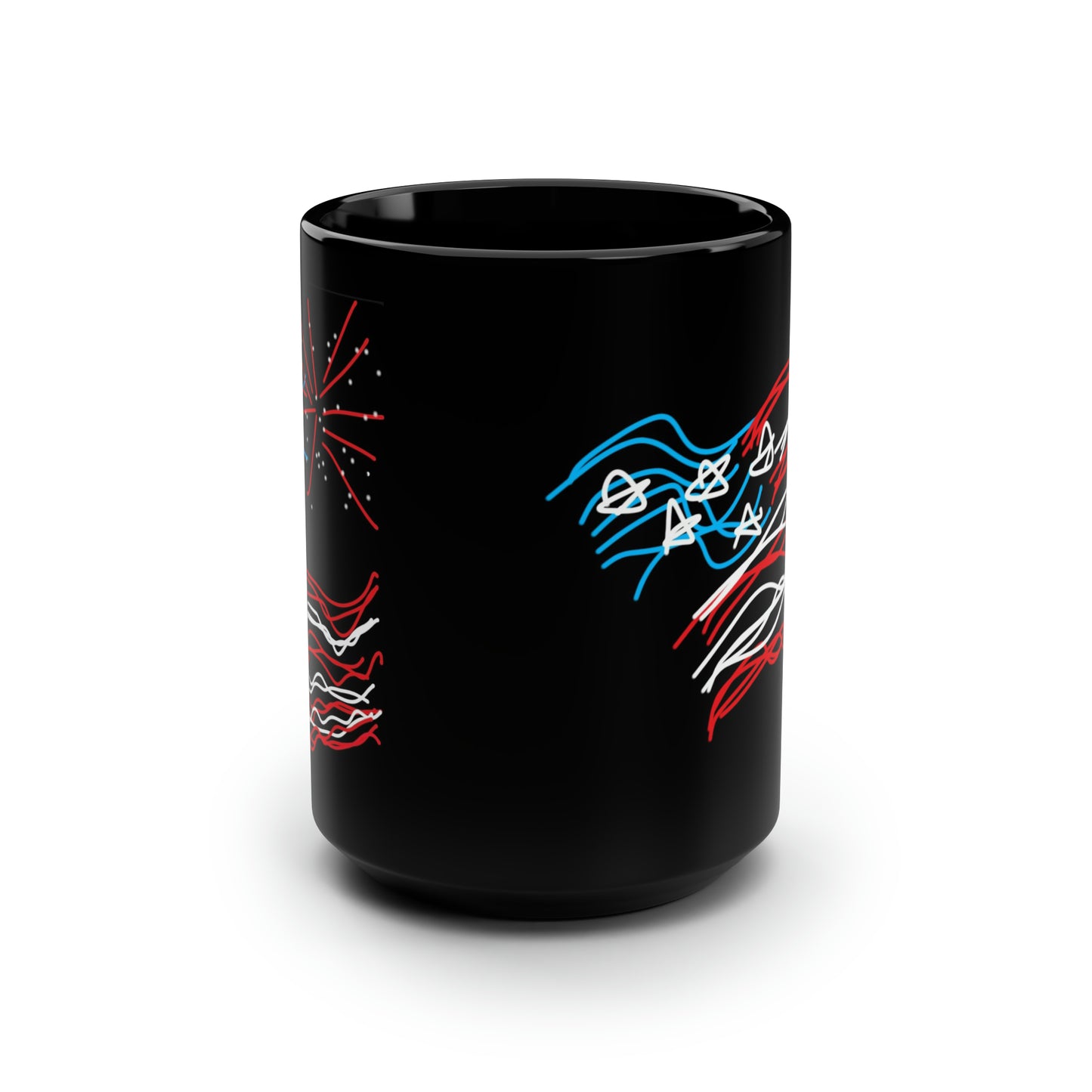 July 4th- Fireworks/Old Glory- Black Mug, 15oz- Large