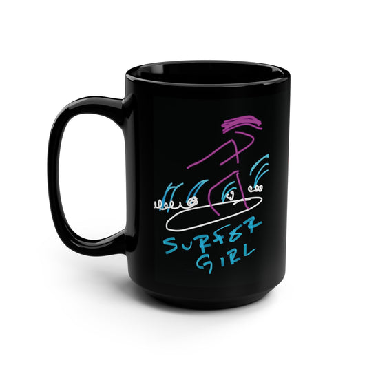 Surfer Girl/Sunrise- Black Mug, 15oz- Large