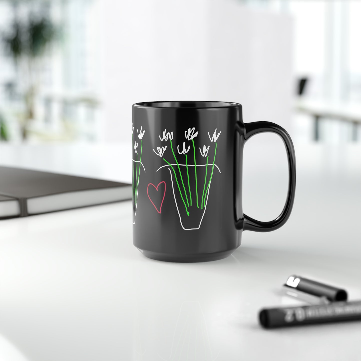 Vase, White Flowers- Black Mug, 15oz- Large