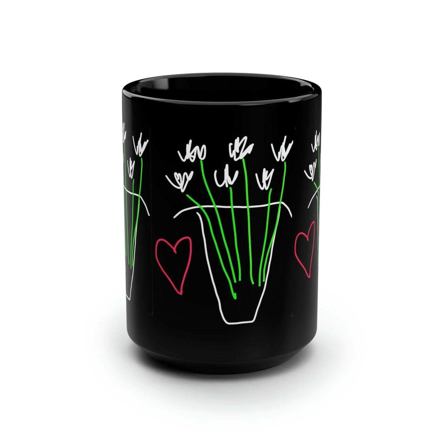 Vase, White Flowers- Black Mug, 15oz- Large