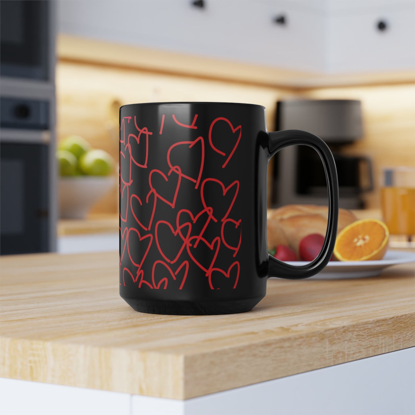 Blonde Babe with Red Flowers/Million Hearts- Black Mug, 15oz