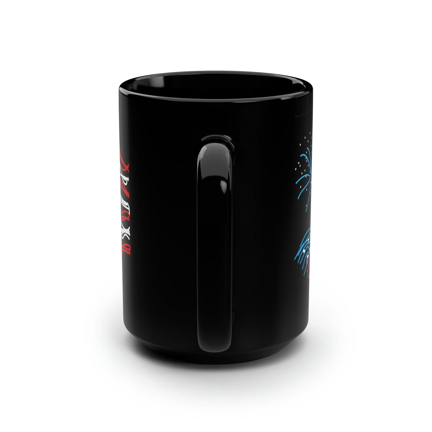 July 4th- Fireworks/Old Glory- Black Mug, 15oz- Large