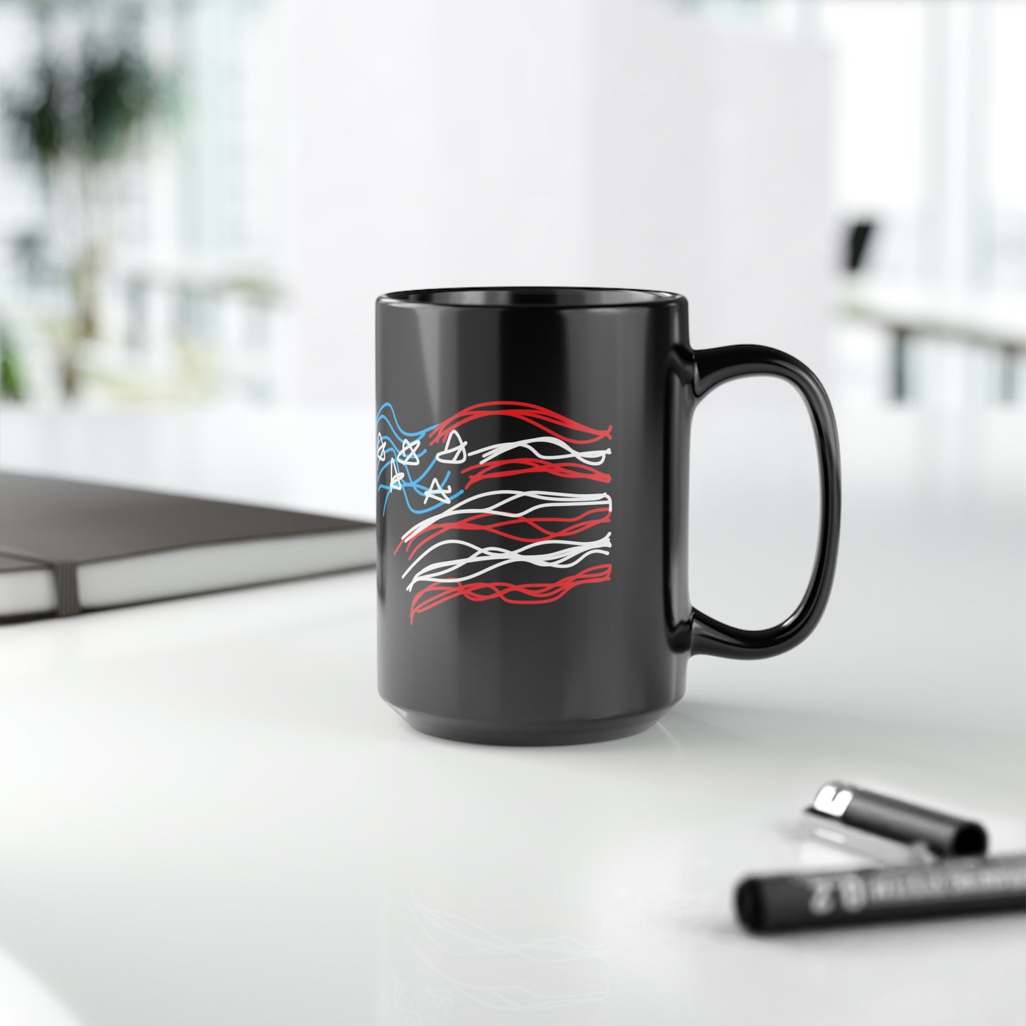 July 4th- Fireworks/Old Glory- Black Mug, 15oz- Large
