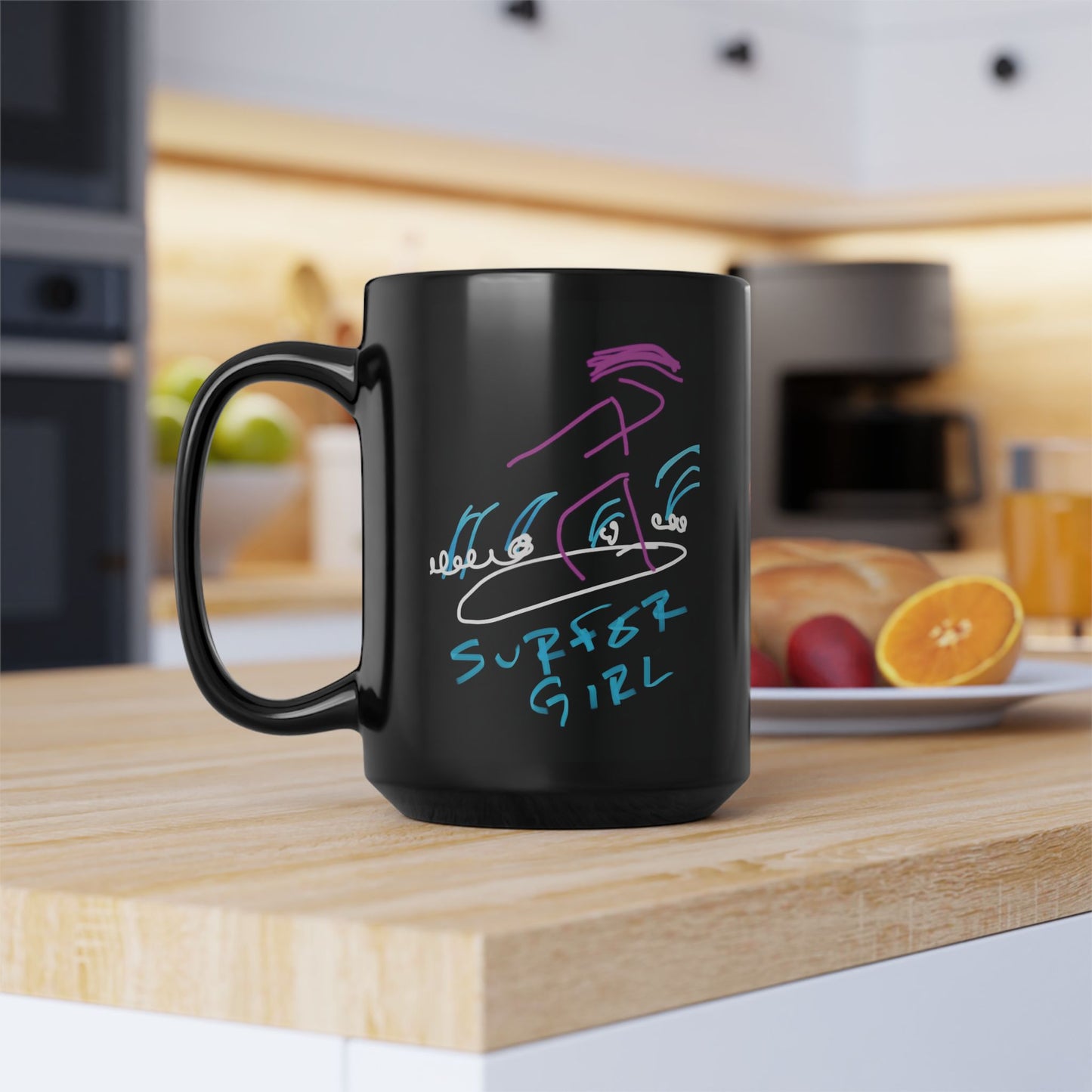 Surfer Girl/Sunrise- Black Mug, 15oz- Large
