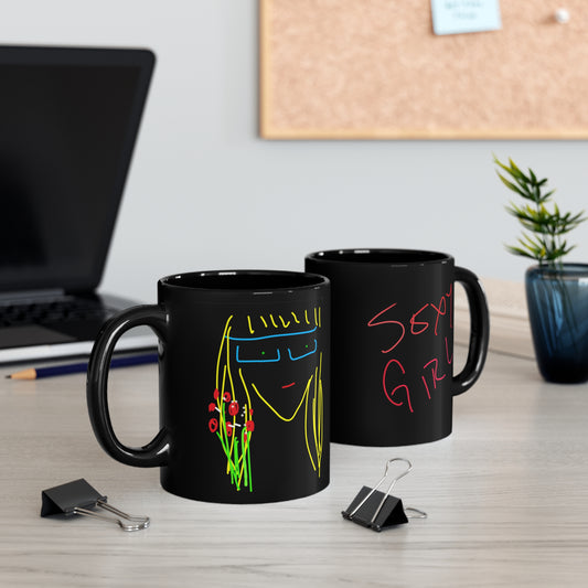 Blonde Babe with Red Flowers/Sexy Girl- 11oz Black Mug