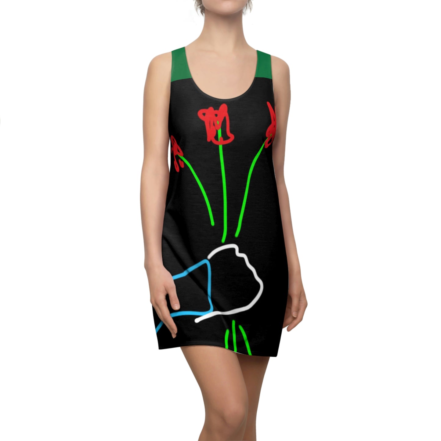 3 Red Flowers- Women's Cut & Sew Racerback Dress (AOP)- Black and Green