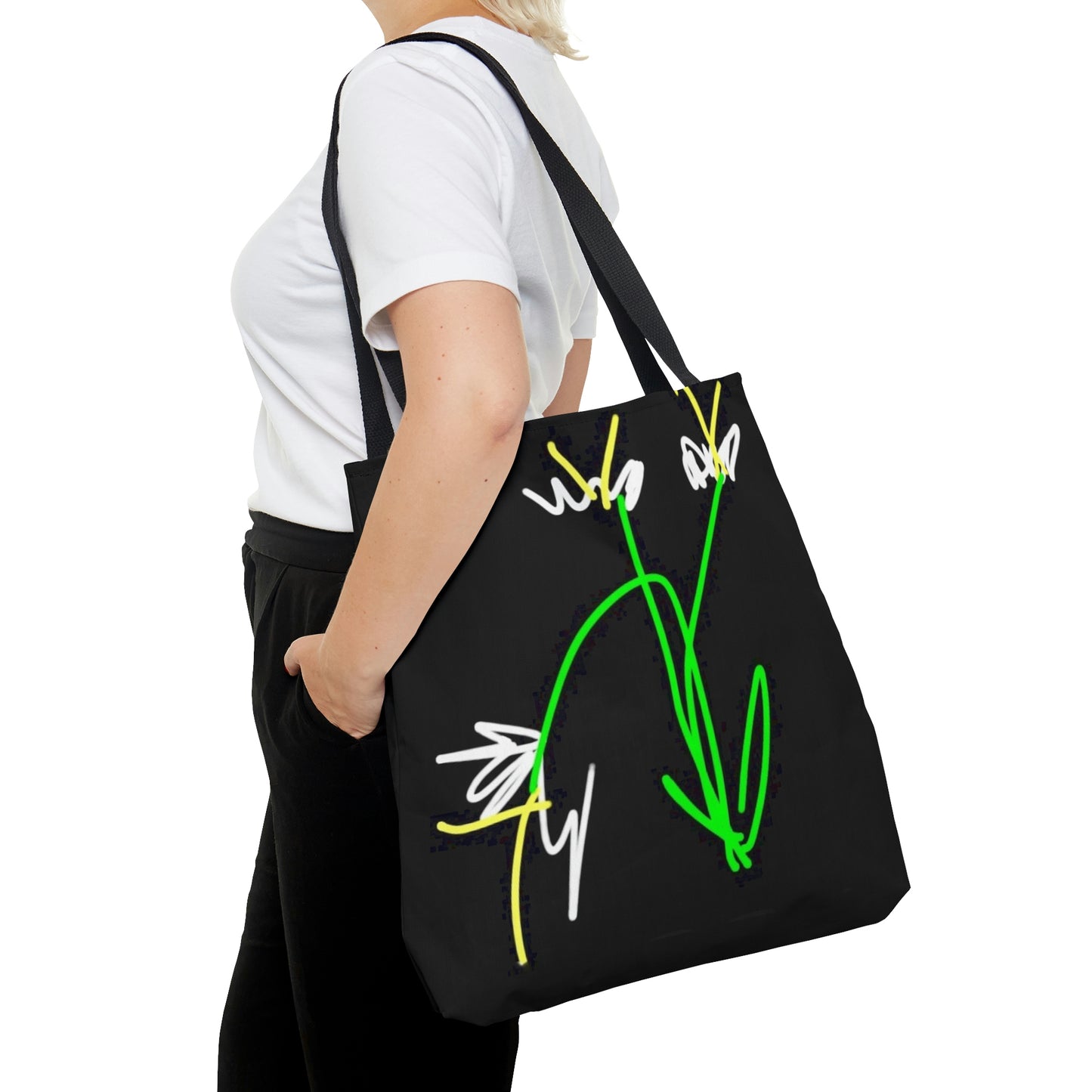 3 White Flowers- AOP Tote Bag- black