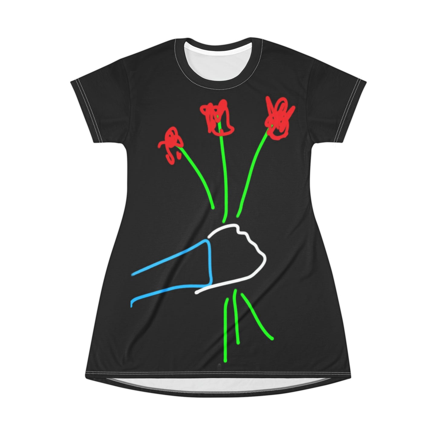 3 Red Flowers- T-Shirt Dress (AOP)- Black