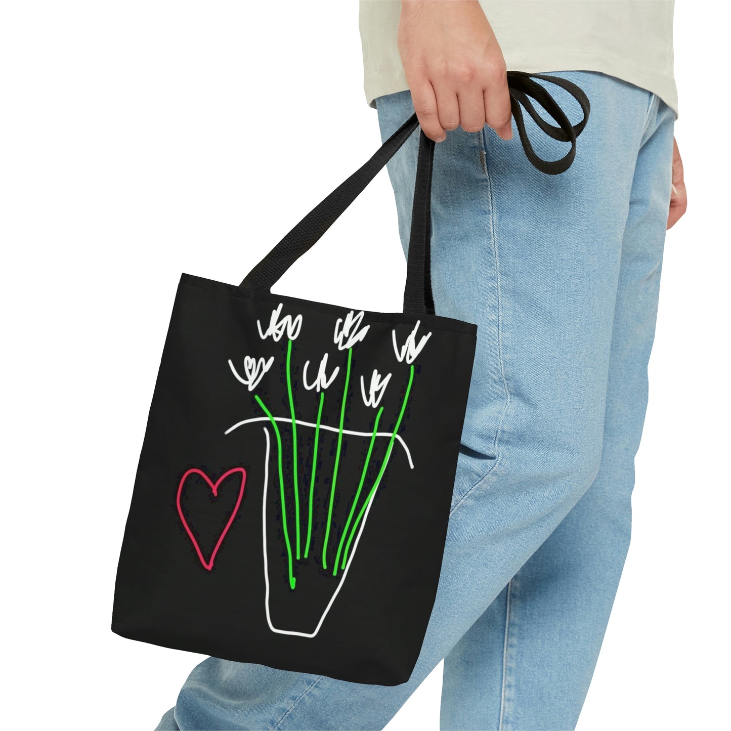 Vase, White Flowers- Tote Bag- Black