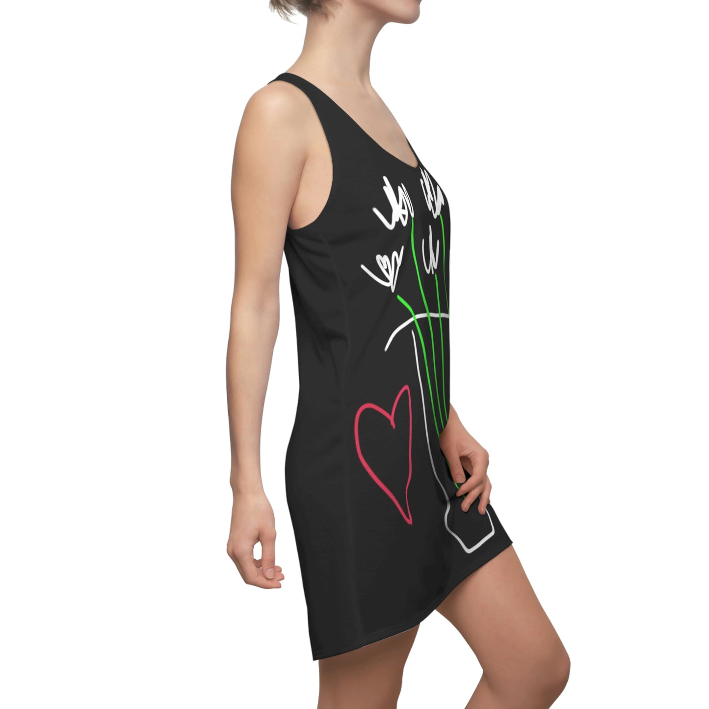 Vase, White Flowers- Women's Cut & Sew Racerback Dress- Black