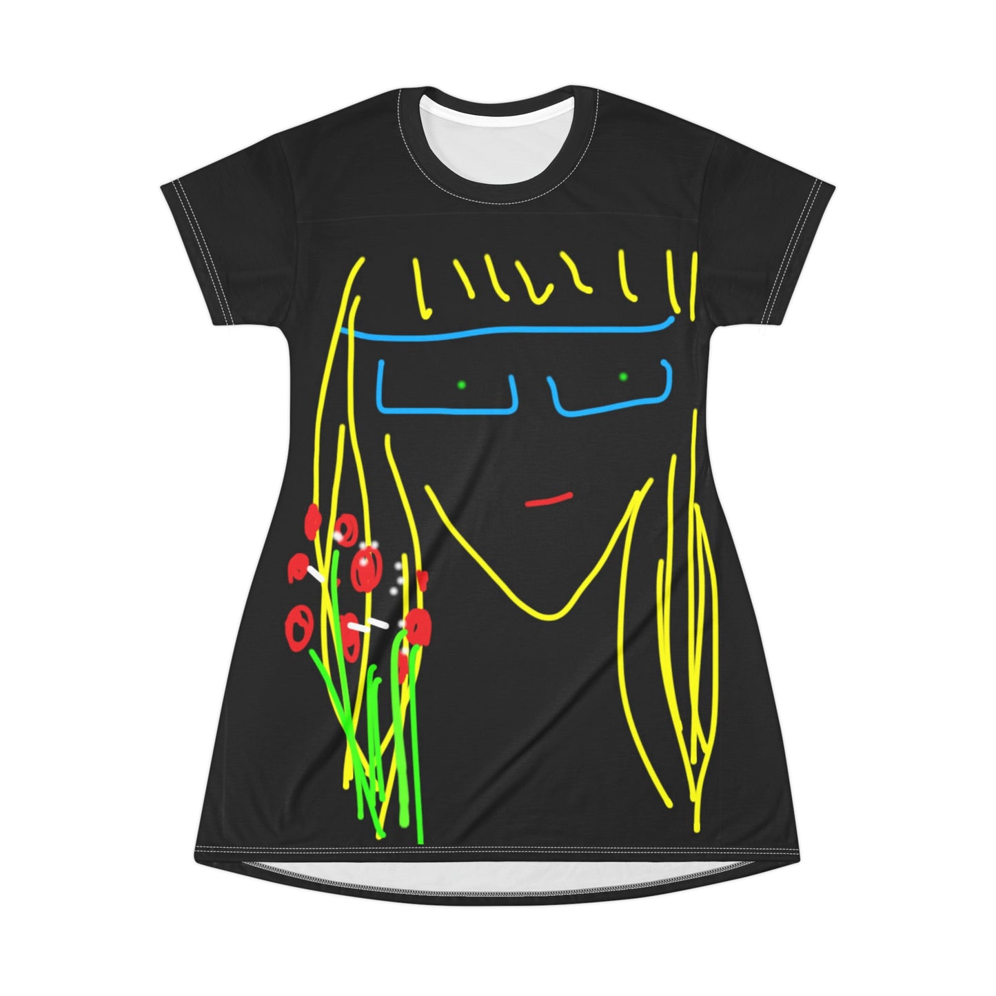 Blonde Babe with Red Flowers- T-Shirt Dress (AOP)