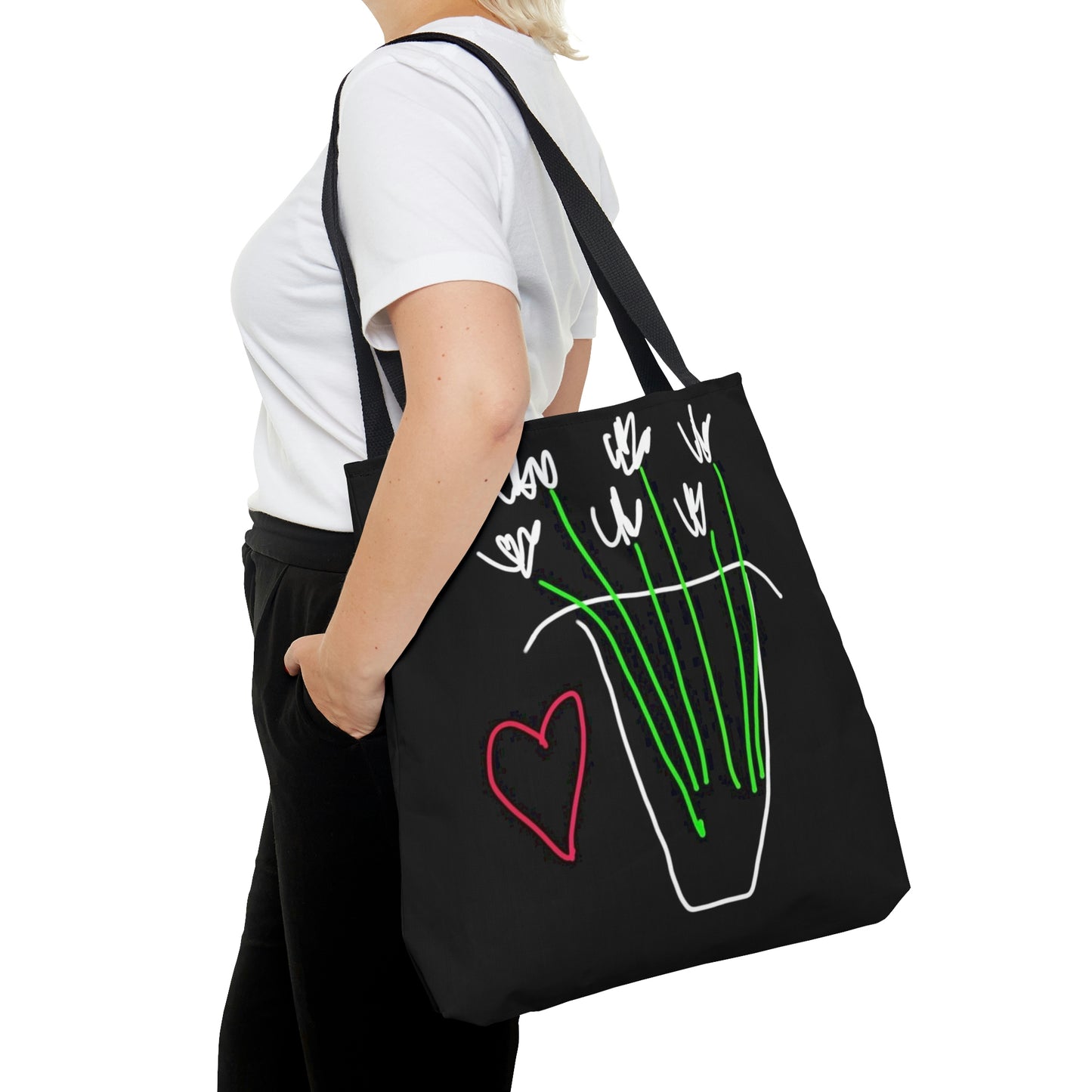 Vase, White Flowers- Tote Bag- Black