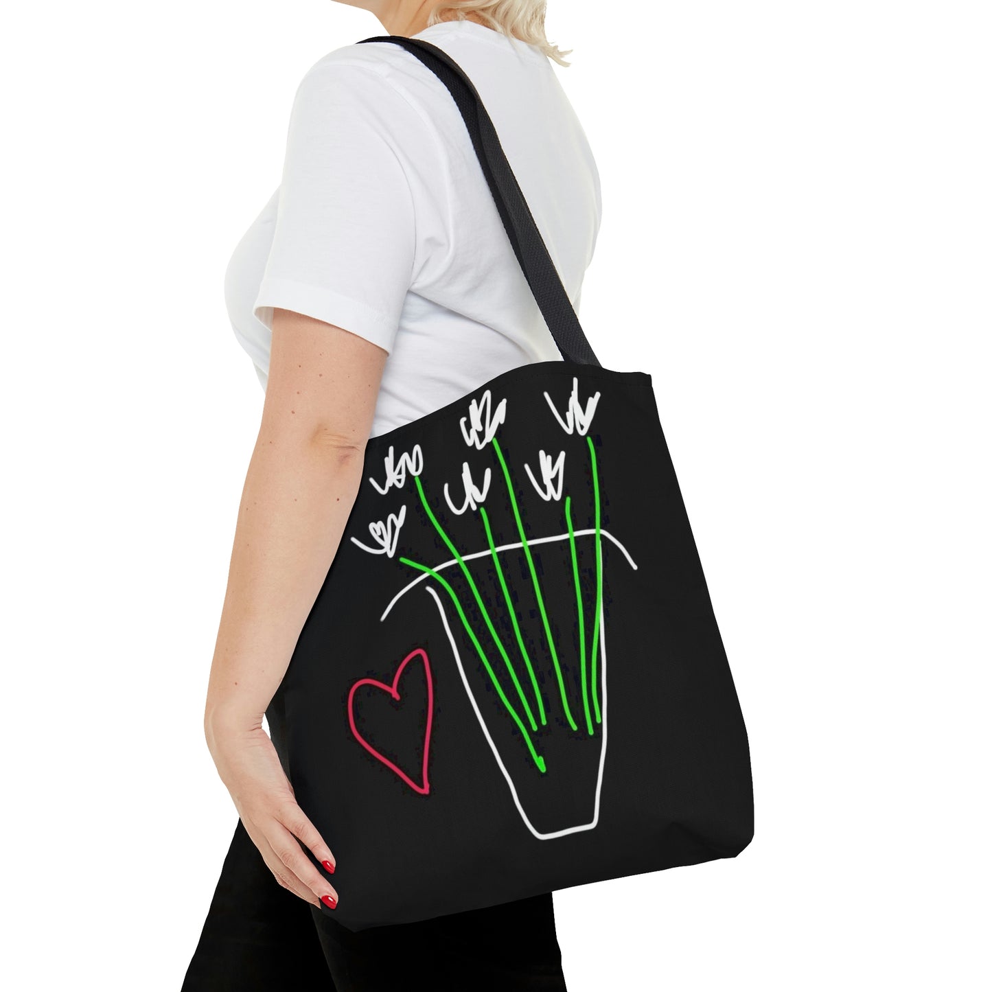 Vase, White Flowers- Tote Bag- Black
