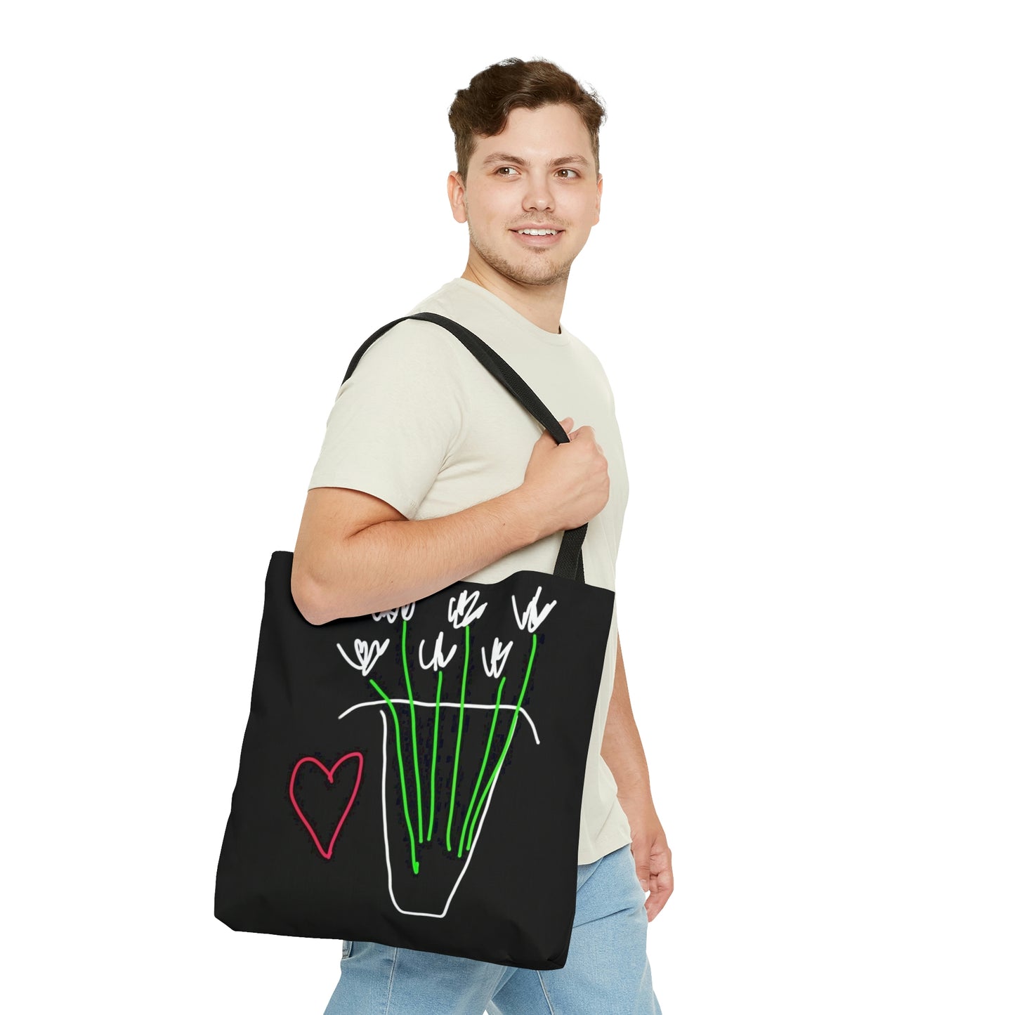 Vase, White Flowers- Tote Bag- Black